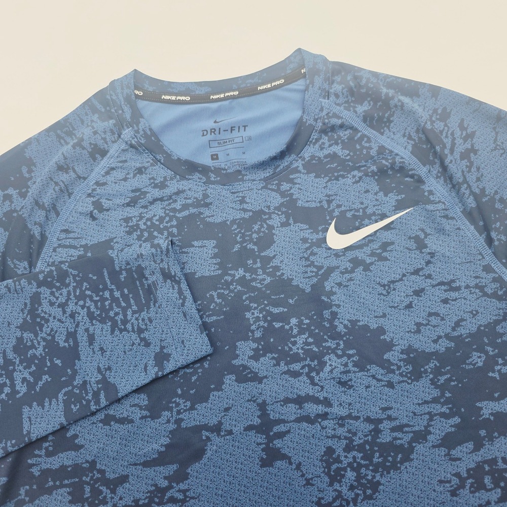 Nike Pro Dri-FIT Mens M Blue AOP Camo Long Sleeve Slim Fit Training Shirt CU4968